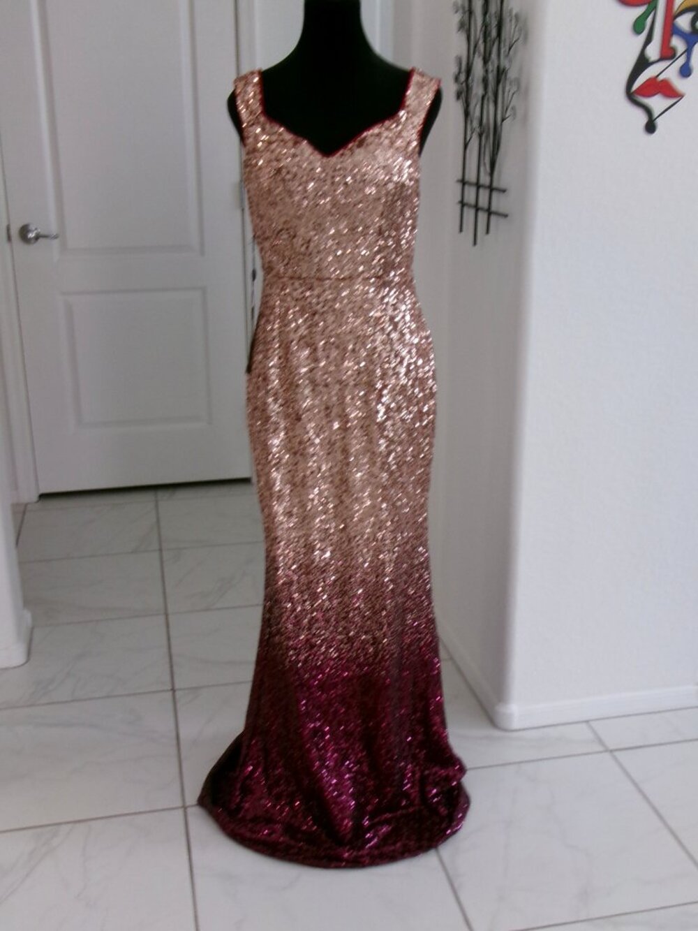 New Ever Pretty Sequin Mermaid Gown Formal Maxi Dress Gold Maroon Ombre M 6 8 10